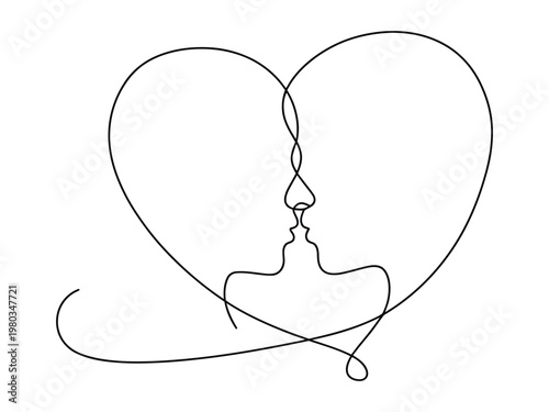 Minimalist continuous line art of two faces kissing within a heart shape on a white background