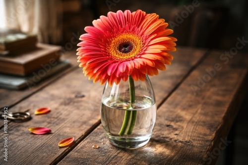 A vibrant Gerbera flower beautifully arranged in a glass vase on a rustic wooden table