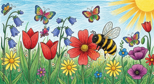 A cheerful bee collecting nectar from a vibrant flower.