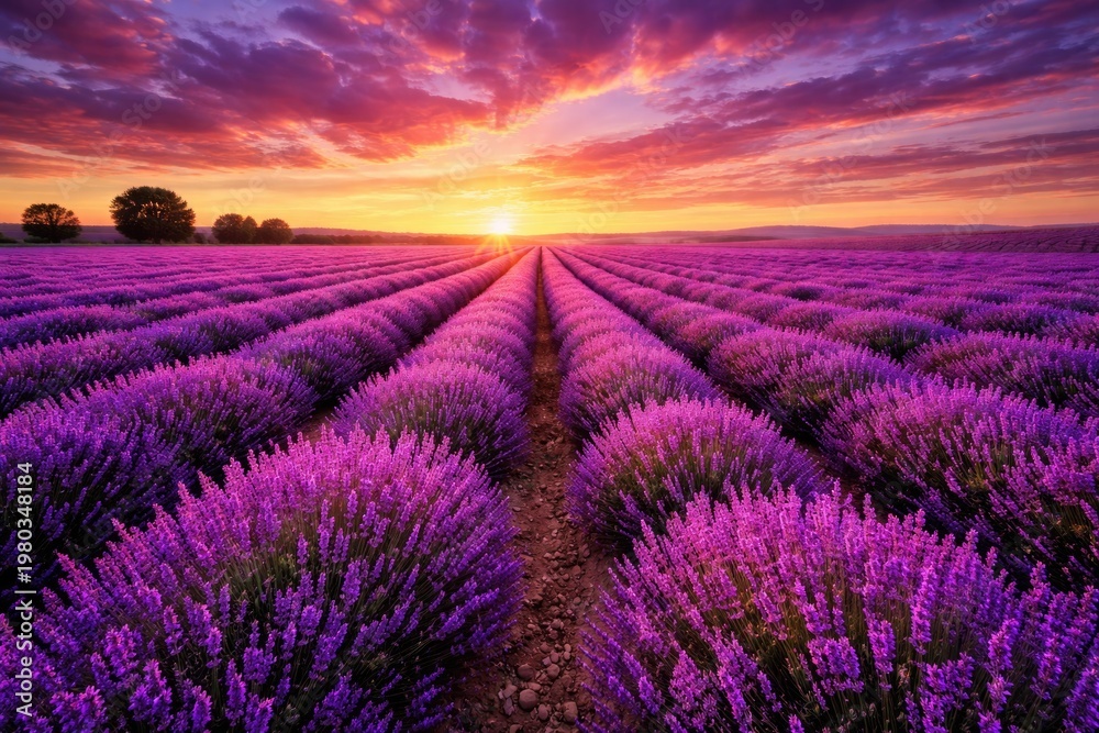 Fototapeta premium Lavender farm rows blossoming with vibrant blooms under a colorful sunset sky