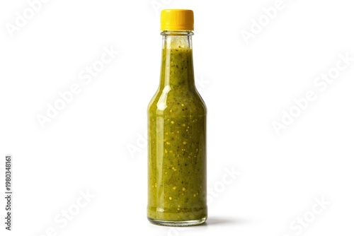 Green Hot Sauce Bottle With Yellow Cap Isolated On White Background