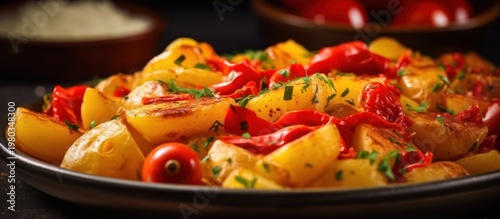 A vibrant and savory medley of perfectly roasted golden potatoes and sweet red peppers.