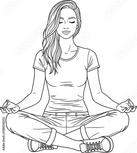 Young woman meditating in lotus pose with eyes closed and hands in mudra gesture line art vector illustration of mindfulness and yoga for mental health wellness