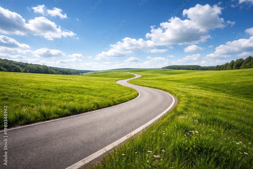 Naklejka premium A winding road crosses a vibrant green meadow under a bright blue sky with soft white clouds