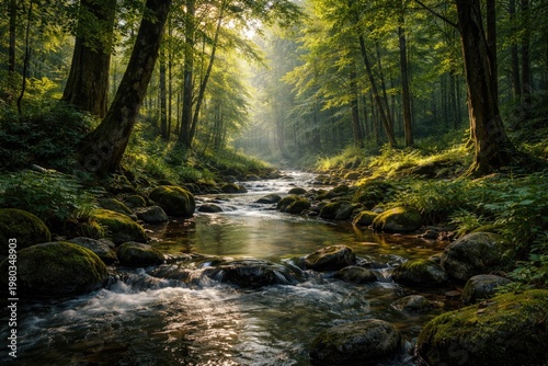 A tranquil stream winding through a lush forest filled with towering trees and vibrant greenery