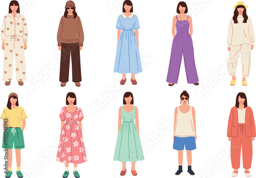 Large set of faceless women characters in various lifestyle outfits including pajamas floral summer dresses loungewear and casual streetwear isolated vector illustration collection