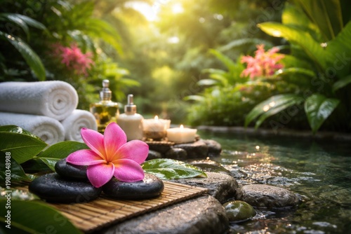 Serene spa setting with vibrant pink tropical flower amidst lush green summer garden foliage