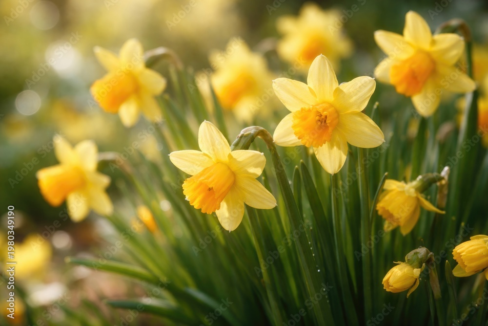 Obraz premium Close up of blooming miniature Tate a tete daffodil flowers in spring garden