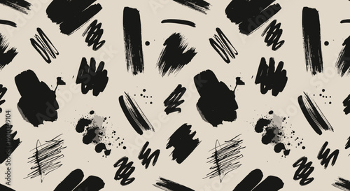 Abstract Black Brush Strokes Pattern on Beige Background.