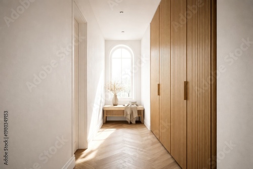 Narrow bright room interior with white walls and fluted wooden plank wardrobe