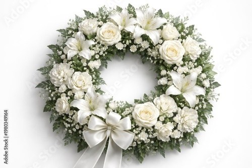 Close up view of a detailed artificial flower funeral wreath on a plain white background