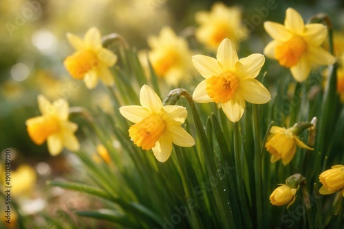 Close up of blooming miniature Tate a tete daffodil flowers in spring garden