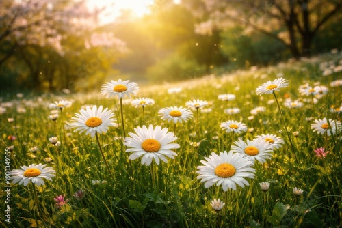 White daisy flowers blooming vibrantly in lush green meadow during seasonal transition