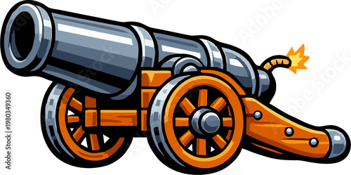 Cartoon Cannon Vector Illustration with Orange Wooden Wheels and Metallic Gun Barrel Isolated on White Background