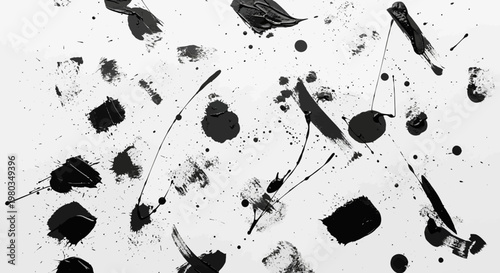 Abstract Black Ink Splatter Art on White Background.
