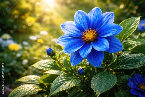 Vibrant blue flower blooming with lush green leaves in a sunlit garden