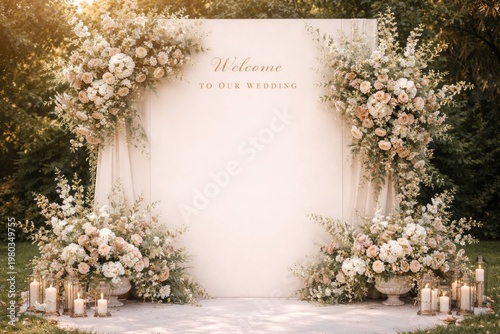 Wedding photo area decorated with handcrafted floral arrangements and copyspace for text