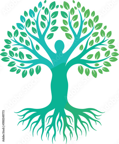 Conceptual green tree of life with human silhouette trunk and spreading roots representing holistic wellness natural growth environmental sustainability and personal development vector illustration