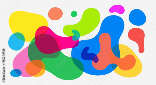 Abstract colorful fluid shapes and blobs overlapping on white background.