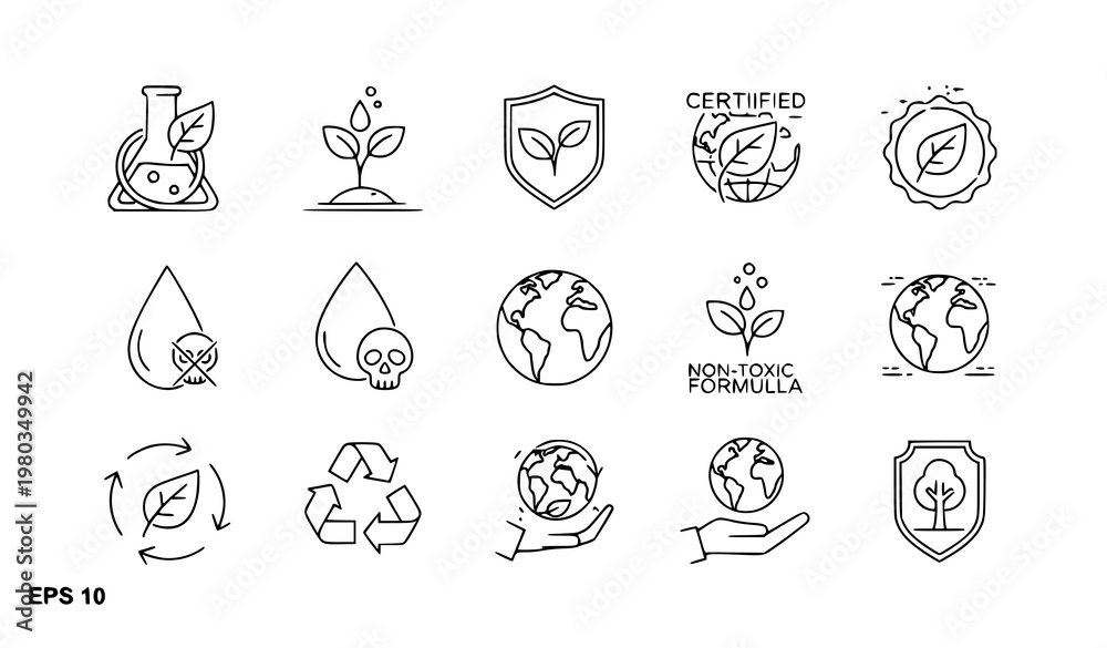 Fototapeta premium Eco chemical safety certification outline icon set vector