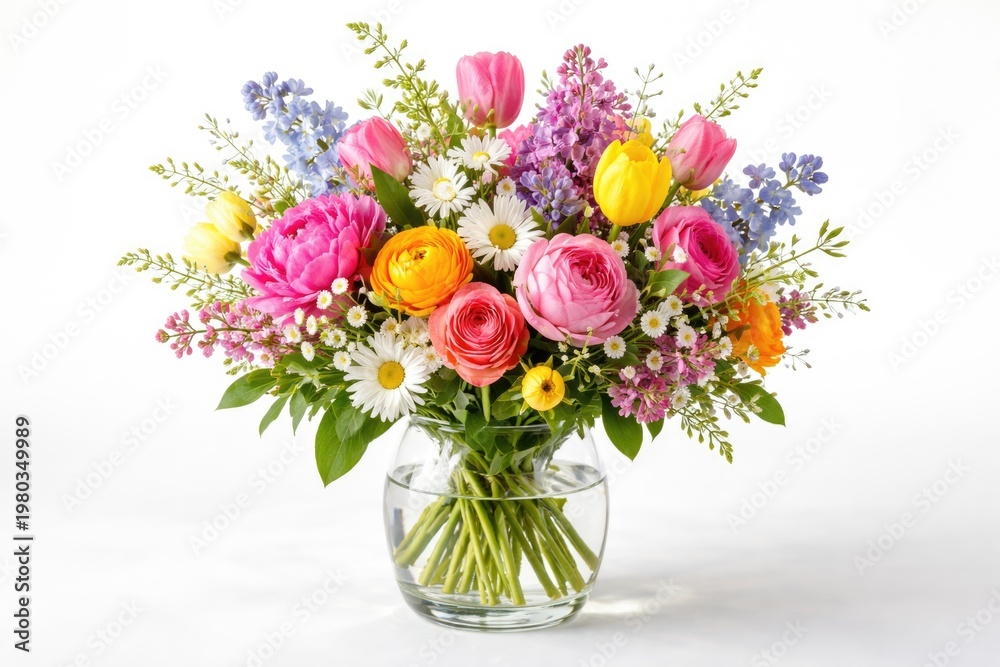 Obraz premium Colorful spring flower bouquet in a clear glass vase on a crisp white background for bright seasonal decoration