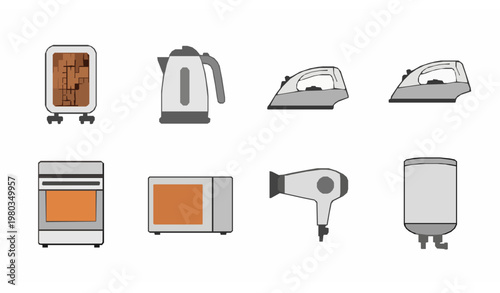 High wattage home appliances icon set heating device vector