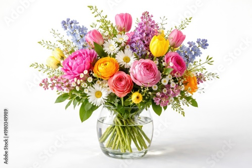 Colorful spring flower bouquet in a clear glass vase on a crisp white background for bright seasonal decoration