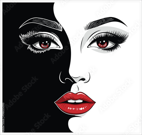 Beautiful woman face with red lips and expressive eyes in artistic black and white dual tone pop art style vector illustration isolated