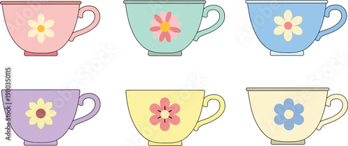 Collection of pastel teacups with floral designs cute vector illustrations for cafe branding and party invitations isolated on white