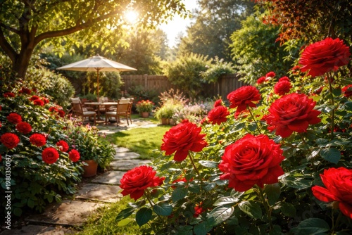 Backyard blooming with vibrant red roses under bright sunlight