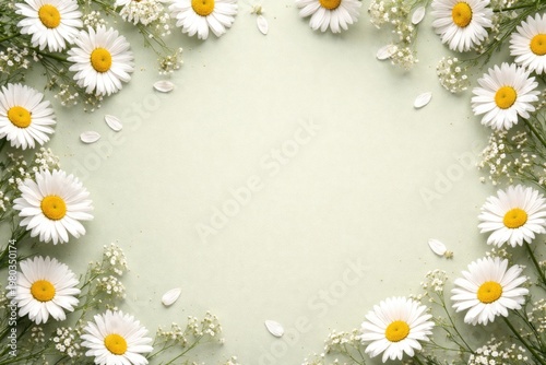 Overhead view of daisies on a pale green background with copy space for text