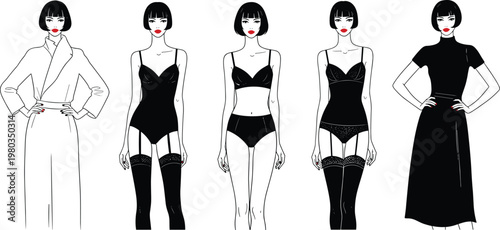 Elegant women characters in black lingerie stockings and stylish evening wear with red lips fashion illustration set isolated on white background vector