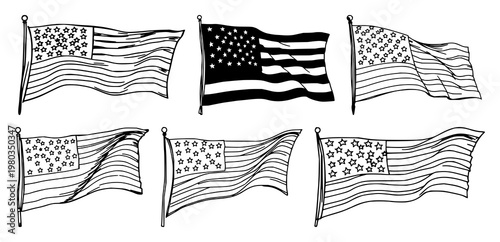 American flag wave illustration set with cresting flag flutter graphic design featuring patriotic flag, United States colors, banner, national symbol with line art and white background