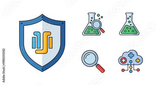Shield with science and protection symbols.