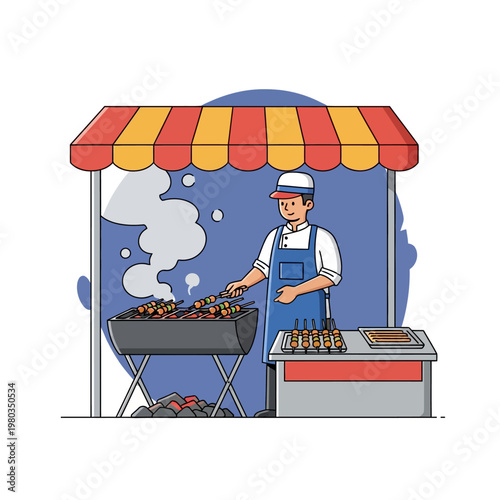 Vector illustration of a street food vendor grilling meat skewers on a charcoal grill under a red and yellow striped awning at a market stall with smoke rising from the coals.