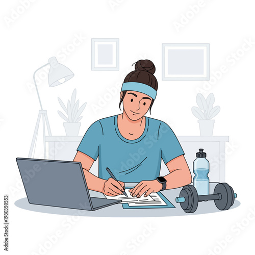 Female fitness coach sitting at a desk with a laptop and dumbbells writing a personalized workout program on paper in a minimalist home office interior vector illustration.