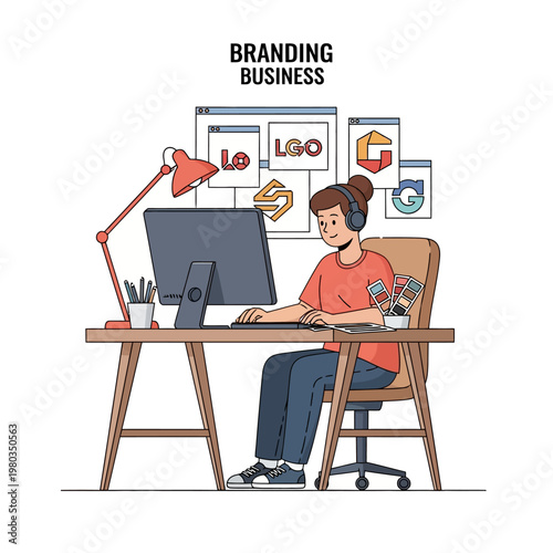 Female graphic designer sitting at desk working on computer monitor creating logo branding business identity with color swatches, lamp, and sketches on background wall.