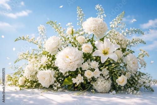 Artistic depiction of white floral arrangement on a bright blue backdrop showcasing natural beauty and harmony