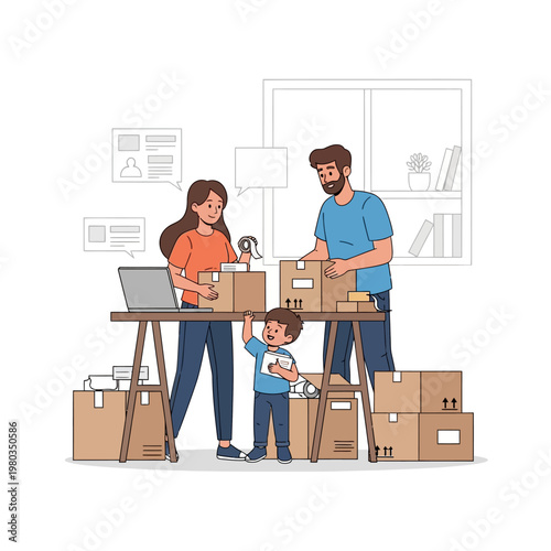 Flat vector illustration of a family, including a mother, father, and young son, packing cardboard boxes for shipping on a wooden table with a laptop in a home office setting.