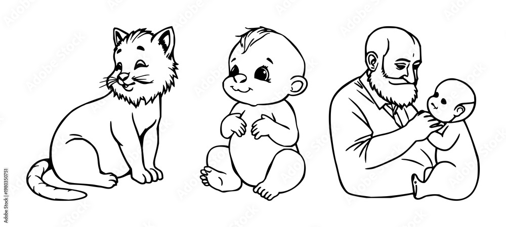 Obraz premium Father baby set with black line art icon on white background featuring father, baby, family symbolically with parenthood and infant care
