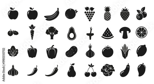 A collection of various fruit and vegetable icons in black.
