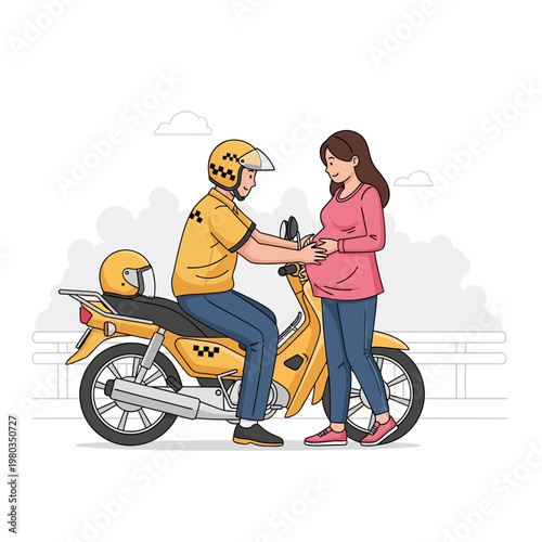 Flat vector illustration of a yellow motorcycle taxi driver wearing a helmet and uniform assisting a pregnant woman standing next to the scooter, featuring an extra passenger helmet.