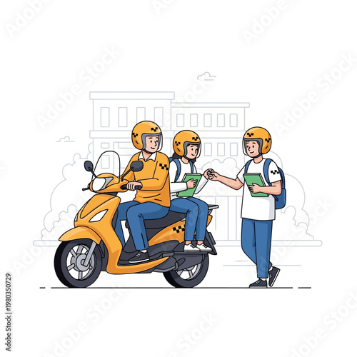 Vector illustration featuring a yellow motorcycle taxi driver on a scooter with two students wearing helmets and backpacks, one seated passenger and one standing beside the bike.