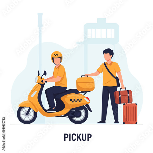 Flat vector illustration of a yellow motorcycle taxi driver wearing a helmet picking up a male traveler carrying multiple suitcases and bags at a transit hub or terminal.