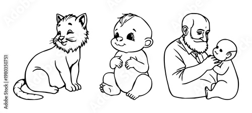 Father baby set with black line art icon on white background featuring father, baby, family symbolically with parenthood and infant care
