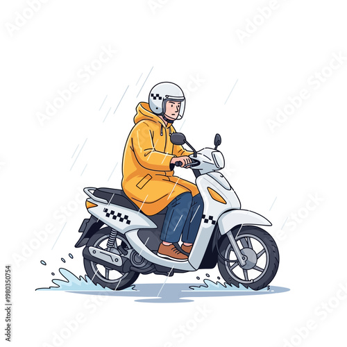 Vector illustration of a motorcycle taxi rider in a yellow raincoat and white helmet operating a white motor scooter in rainy weather with water splashes on a white background.