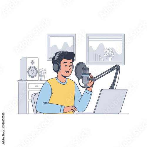 Vector illustration of a young man recording a podcast or livestream using a professional condenser microphone with pop filter, headphones, laptop, and studio equipment in a home office.