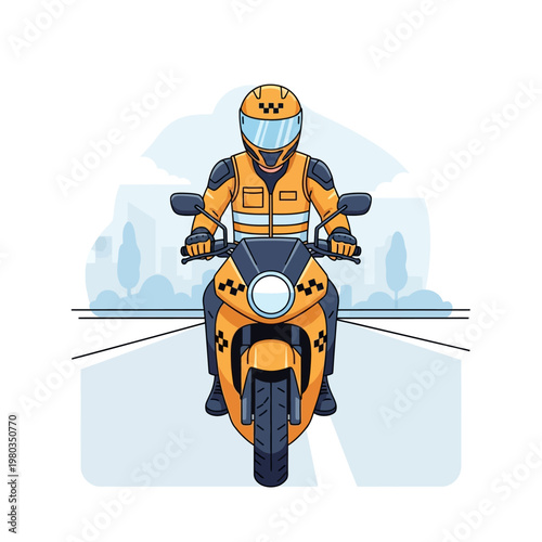 Vector illustration of a motorcycle taxi driver wearing a high-visibility orange safety vest and helmet with checkered pattern, riding an orange scooter on a simplified city road.