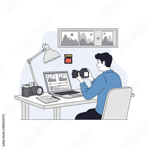 Male photographer sitting at desk editing digital photos on a laptop computer while holding a DSLR camera, with camera gear, memory card, and graphic tablet in a clean vector art style.
