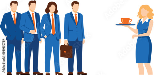 Professional business team in blue suits and orange ties with waitress serving coffee on tray isolated on white background vector illustration